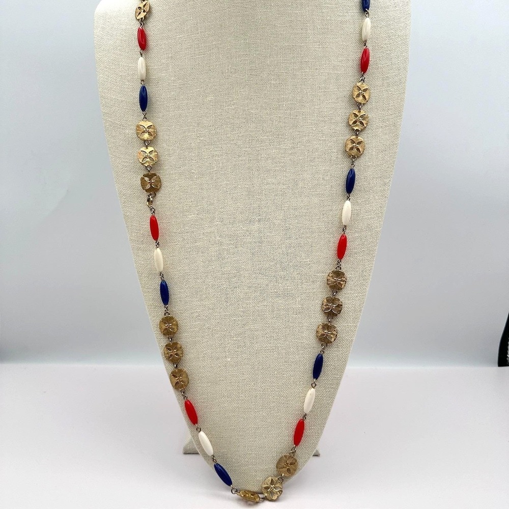 Vintage 80s Patriotic Red White Blue Beaded Gold Tone Necklace Classic Jewelry